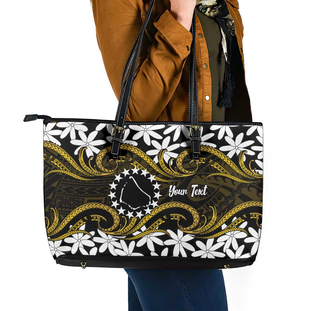 Personalised Cook Islands Manihiki Leather Tote Bag Tiare Maori Polynesian Waves Tattoo LT14 - Polynesian Pride