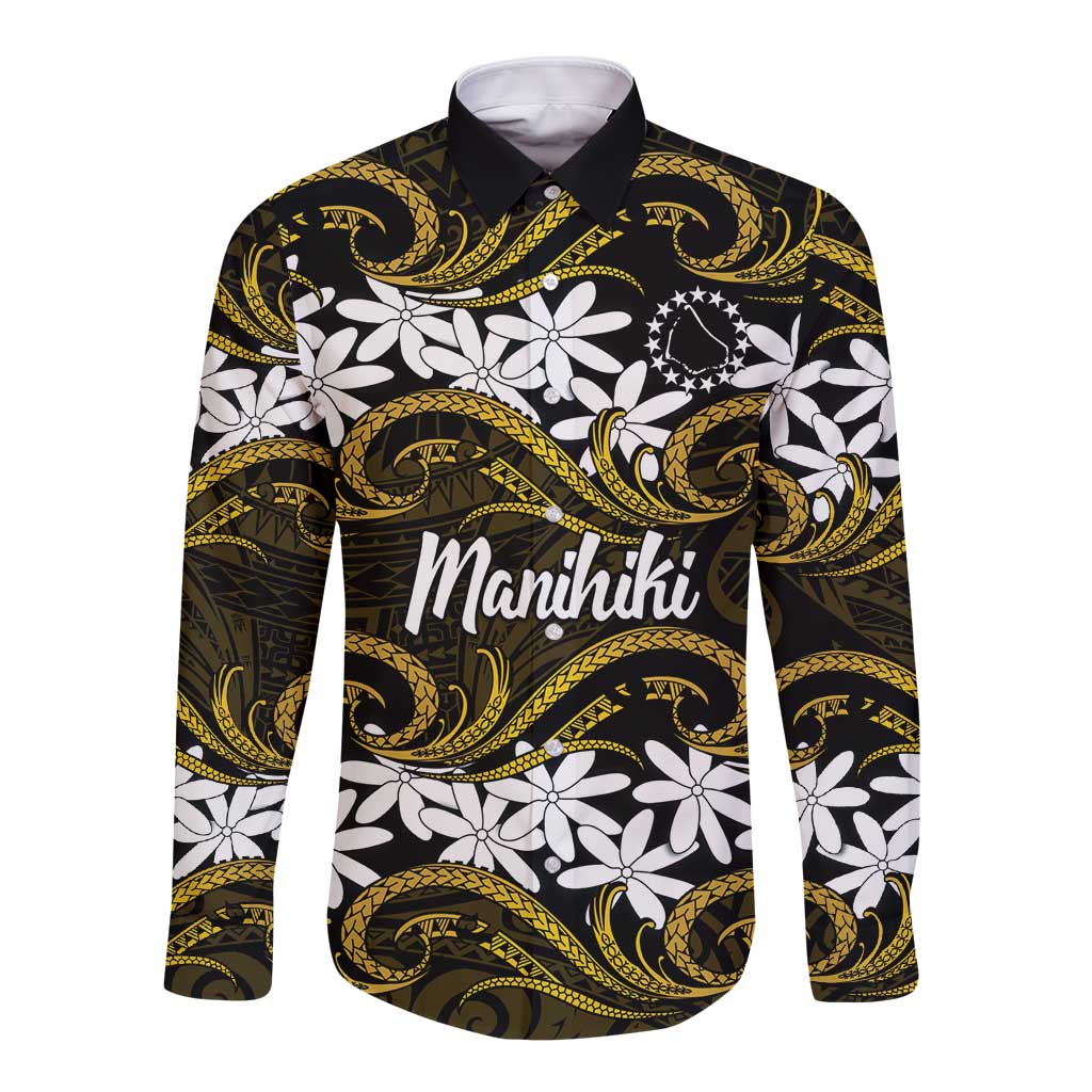 Personalised Cook Islands Manihiki Long Sleeve Button Shirt Tiare Maori Polynesian Waves Tattoo LT14 Unisex Gold - Polynesian Pride