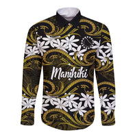 Personalised Cook Islands Manihiki Long Sleeve Button Shirt Tiare Maori Polynesian Waves Tattoo LT14 Unisex Gold - Polynesian Pride