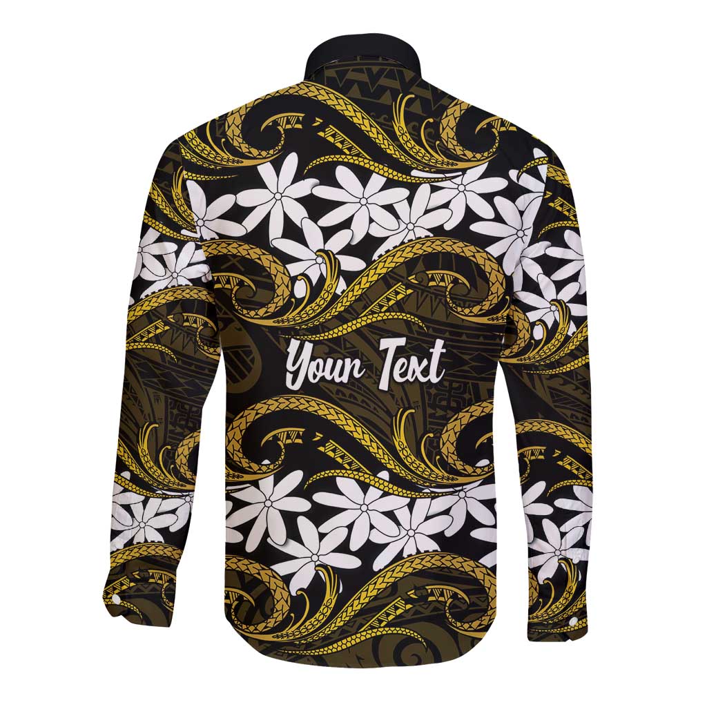 Personalised Cook Islands Manihiki Long Sleeve Button Shirt Tiare Maori Polynesian Waves Tattoo LT14 - Polynesian Pride