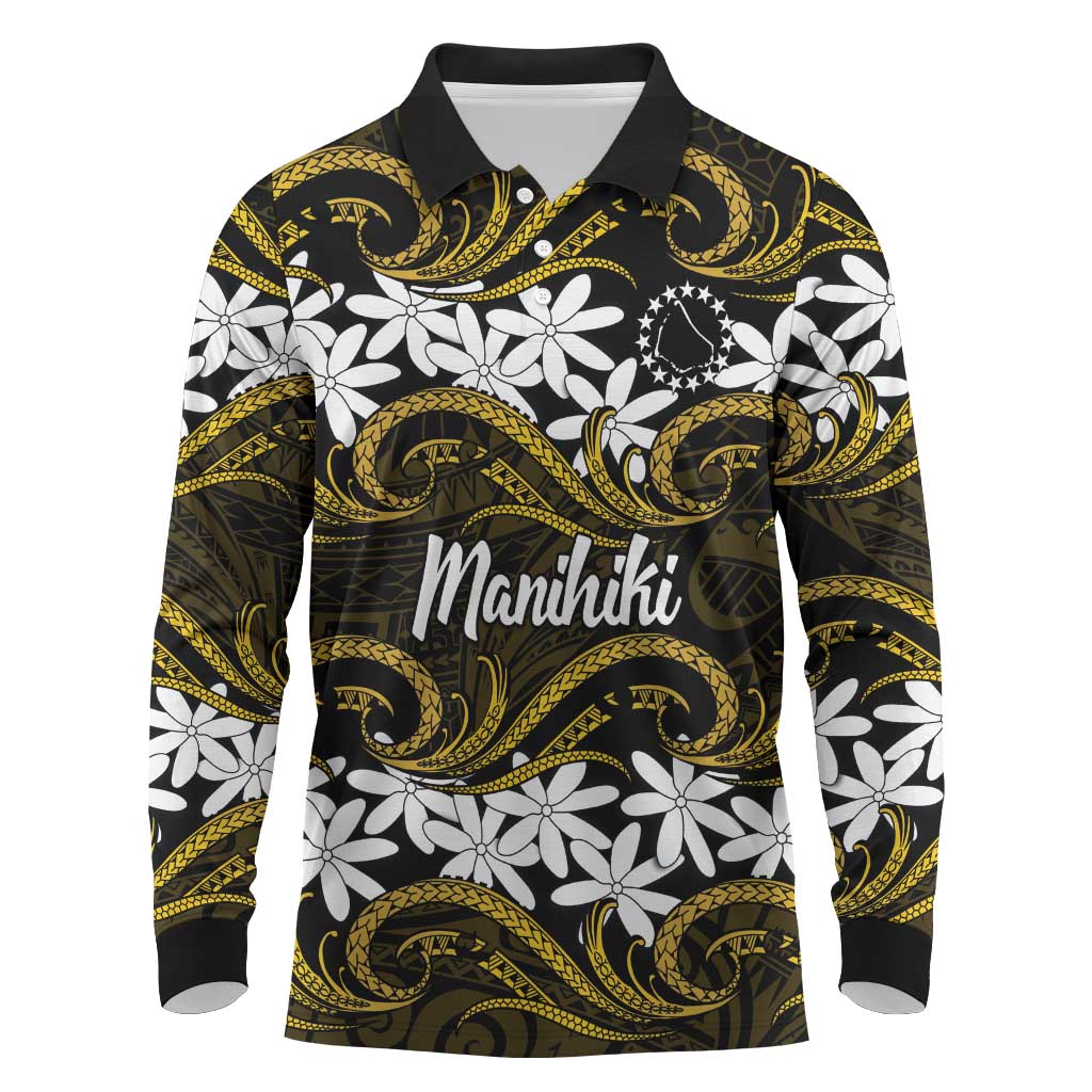 Personalised Cook Islands Manihiki Long Sleeve Polo Shirt Tiare Maori Polynesian Waves Tattoo LT14 Gold - Polynesian Pride
