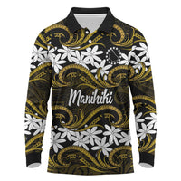 Personalised Cook Islands Manihiki Long Sleeve Polo Shirt Tiare Maori Polynesian Waves Tattoo LT14 Gold - Polynesian Pride