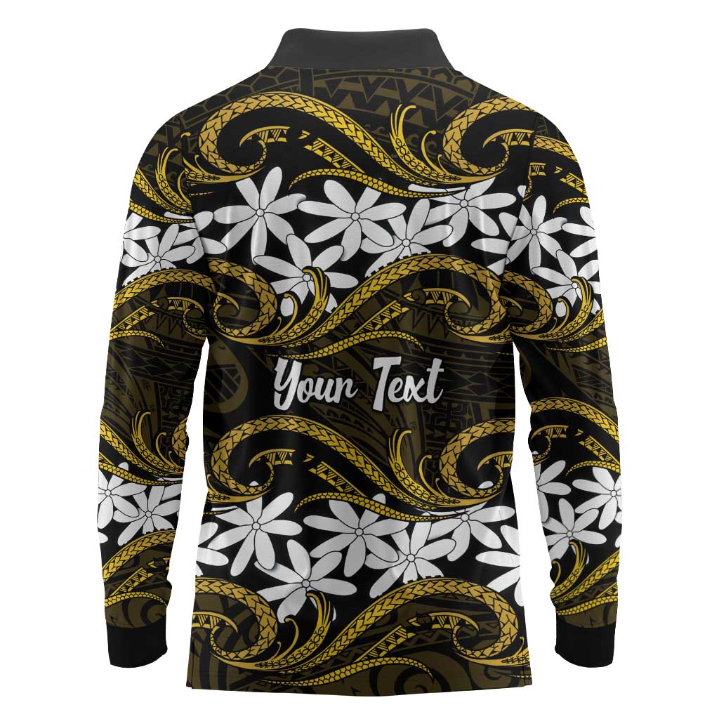 Personalised Cook Islands Manihiki Long Sleeve Polo Shirt Tiare Maori Polynesian Waves Tattoo LT14 - Polynesian Pride