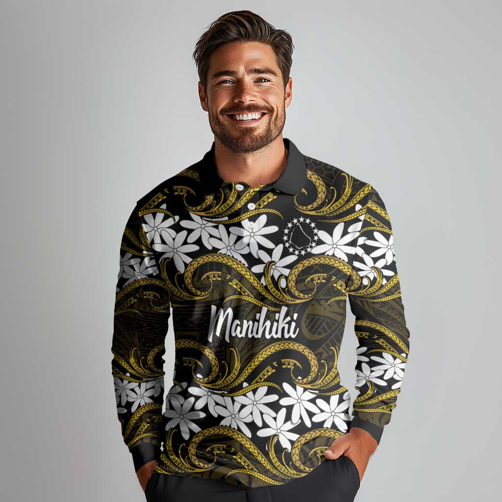 Personalised Cook Islands Manihiki Long Sleeve Polo Shirt Tiare Maori Polynesian Waves Tattoo LT14 - Polynesian Pride
