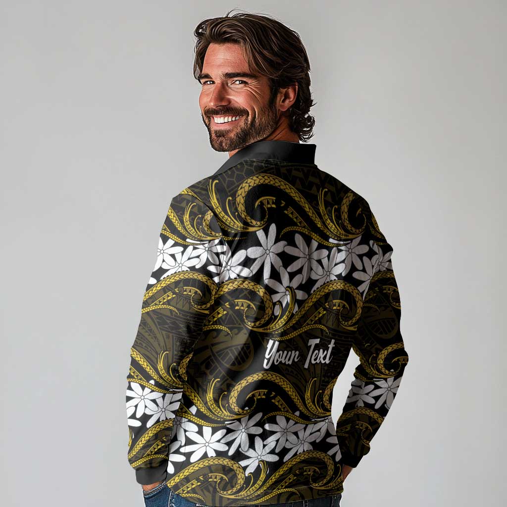 Personalised Cook Islands Manihiki Long Sleeve Polo Shirt Tiare Maori Polynesian Waves Tattoo LT14 - Polynesian Pride