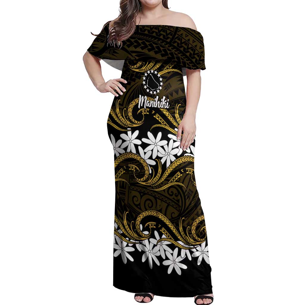 Personalised Cook Islands Manihiki Off Shoulder Maxi Dress Tiare Maori Polynesian Waves Tattoo LT14 Women Gold - Polynesian Pride