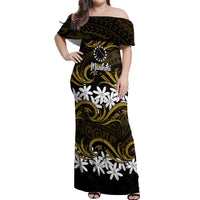 Personalised Cook Islands Manihiki Off Shoulder Maxi Dress Tiare Maori Polynesian Waves Tattoo LT14 Women Gold - Polynesian Pride