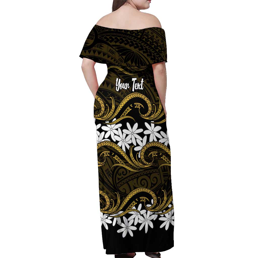 Personalised Cook Islands Manihiki Off Shoulder Maxi Dress Tiare Maori Polynesian Waves Tattoo LT14 - Polynesian Pride