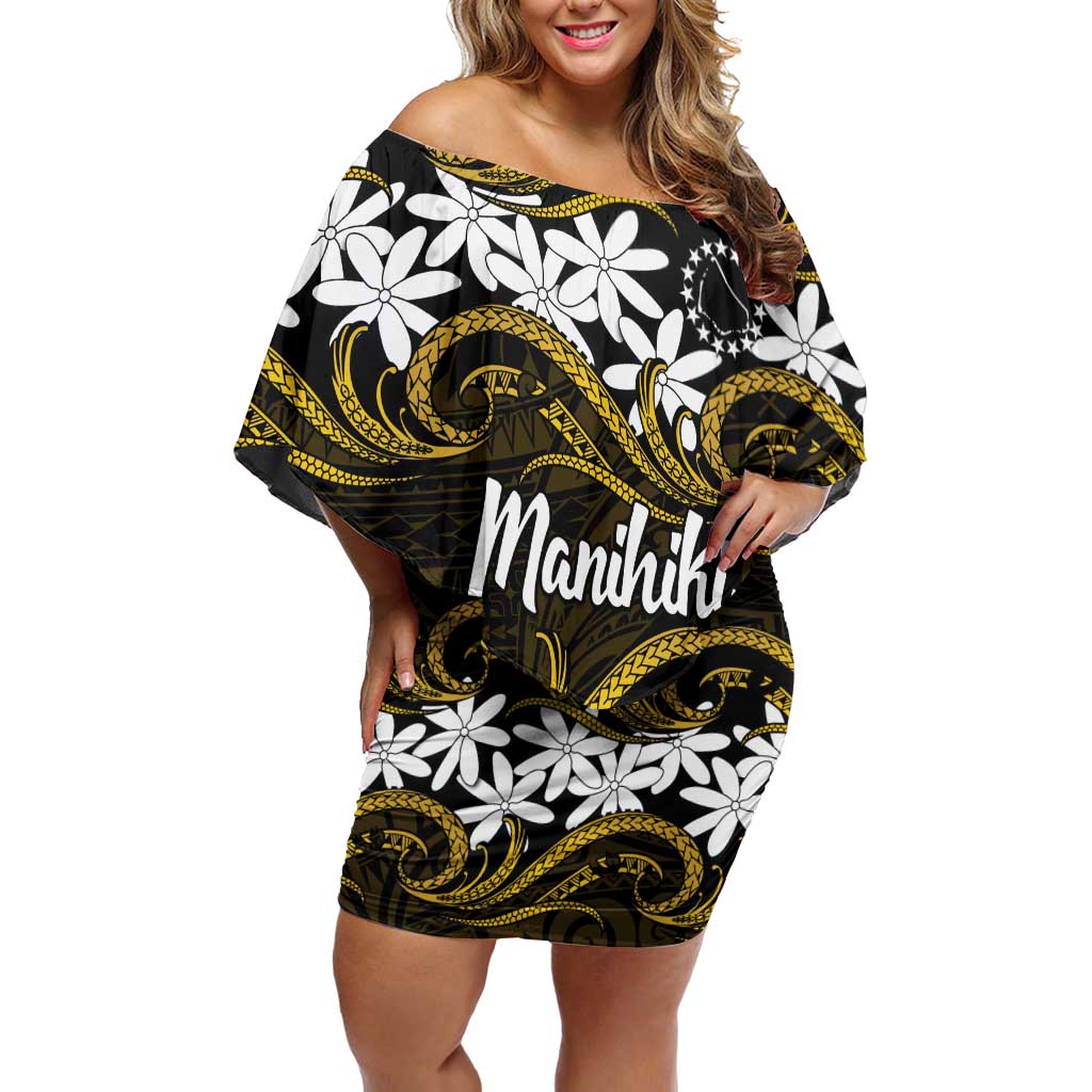 Personalised Cook Islands Manihiki Off Shoulder Short Dress Tiare Maori Polynesian Waves Tattoo LT14 Women Gold - Polynesian Pride
