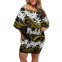 Personalised Cook Islands Manihiki Off Shoulder Short Dress Tiare Maori Polynesian Waves Tattoo LT14 Women Gold - Polynesian Pride