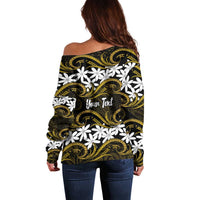 Personalised Cook Islands Manihiki Off Shoulder Sweater Tiare Maori Polynesian Waves Tattoo