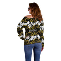 Personalised Cook Islands Manihiki Off Shoulder Sweater Tiare Maori Polynesian Waves Tattoo