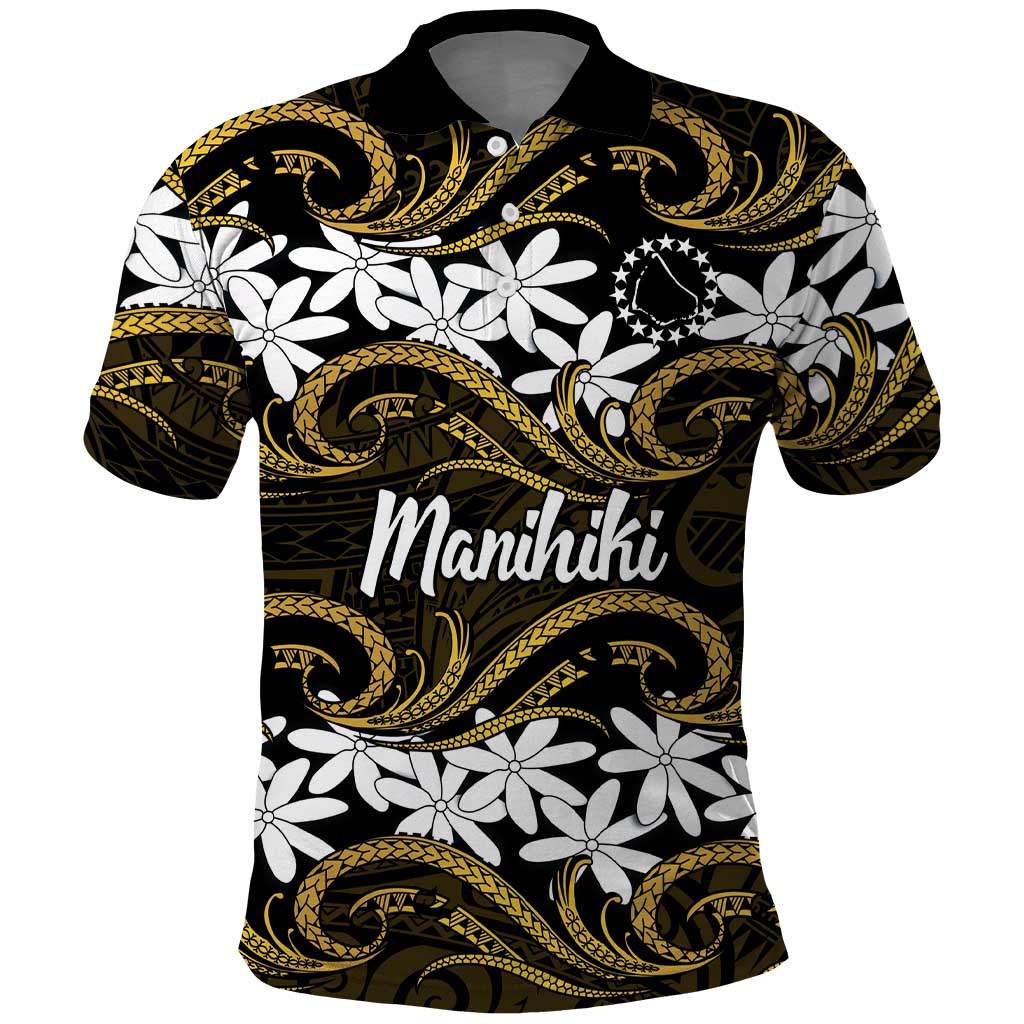 Personalised Cook Islands Manihiki Polo Shirt Tiare Maori Polynesian Waves Tattoo LT14 Gold - Polynesian Pride