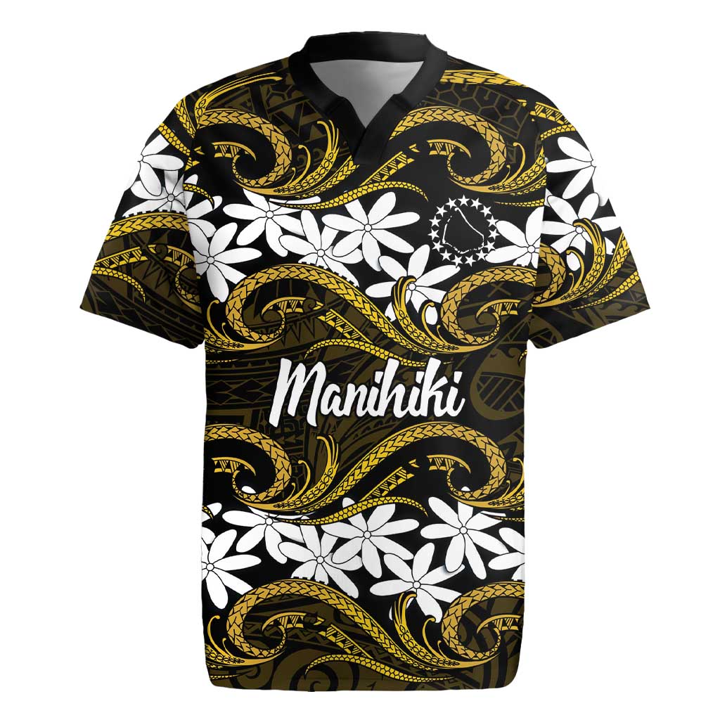 Personalised Cook Islands Manihiki Rugby Jersey Tiare Maori Polynesian Waves Tattoo