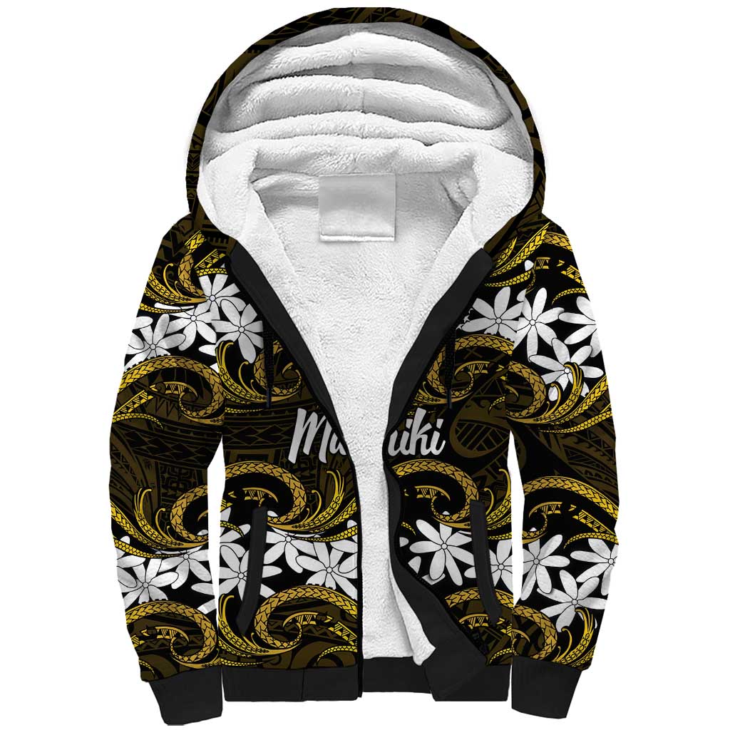 Personalised Cook Islands Manihiki Sherpa Hoodie Tiare Maori Polynesian Waves Tattoo LT14 Unisex Gold - Polynesian Pride