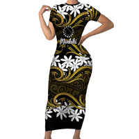 Personalised Cook Islands Manihiki Short Sleeve Bodycon Dress Tiare Maori Polynesian Waves Tattoo