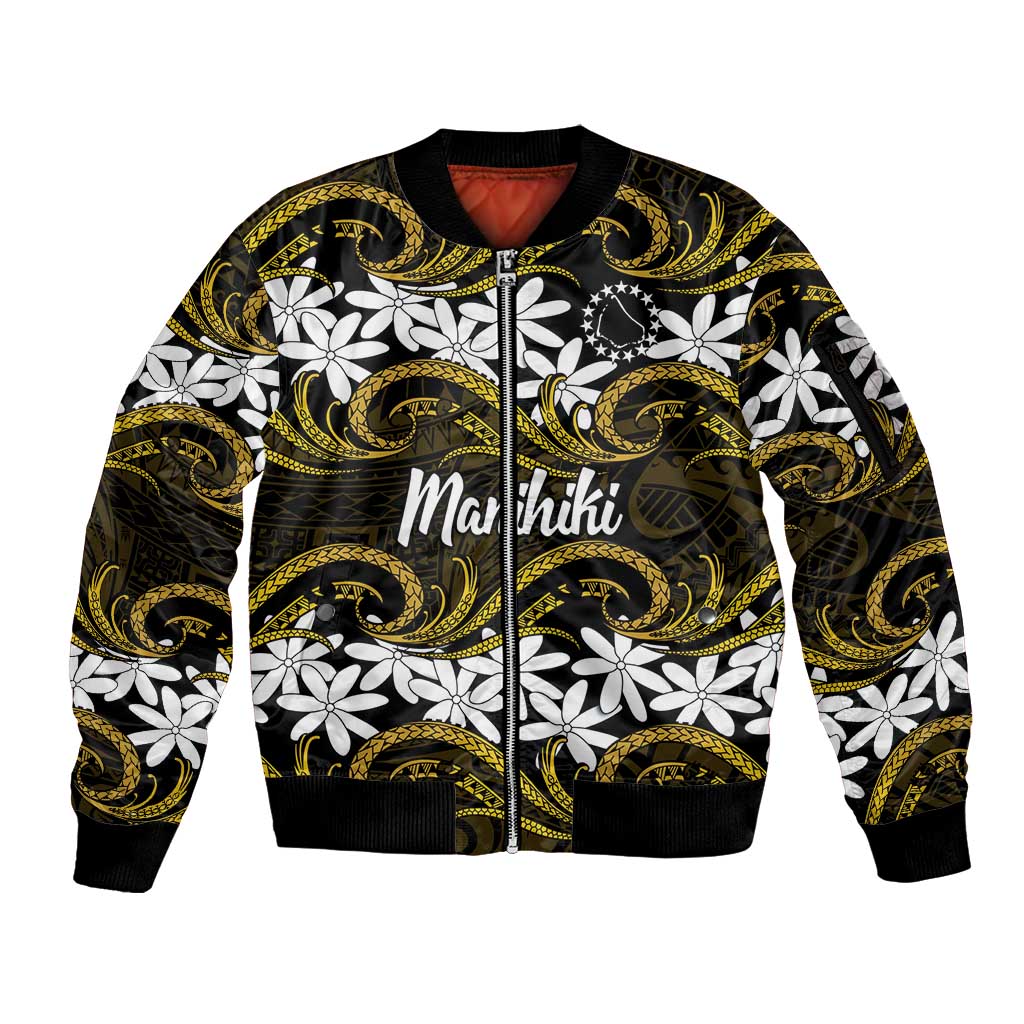 Personalised Cook Islands Manihiki Sleeve Zip Bomber Jacket Tiare Maori Polynesian Waves Tattoo LT14 Unisex Gold - Polynesian Pride