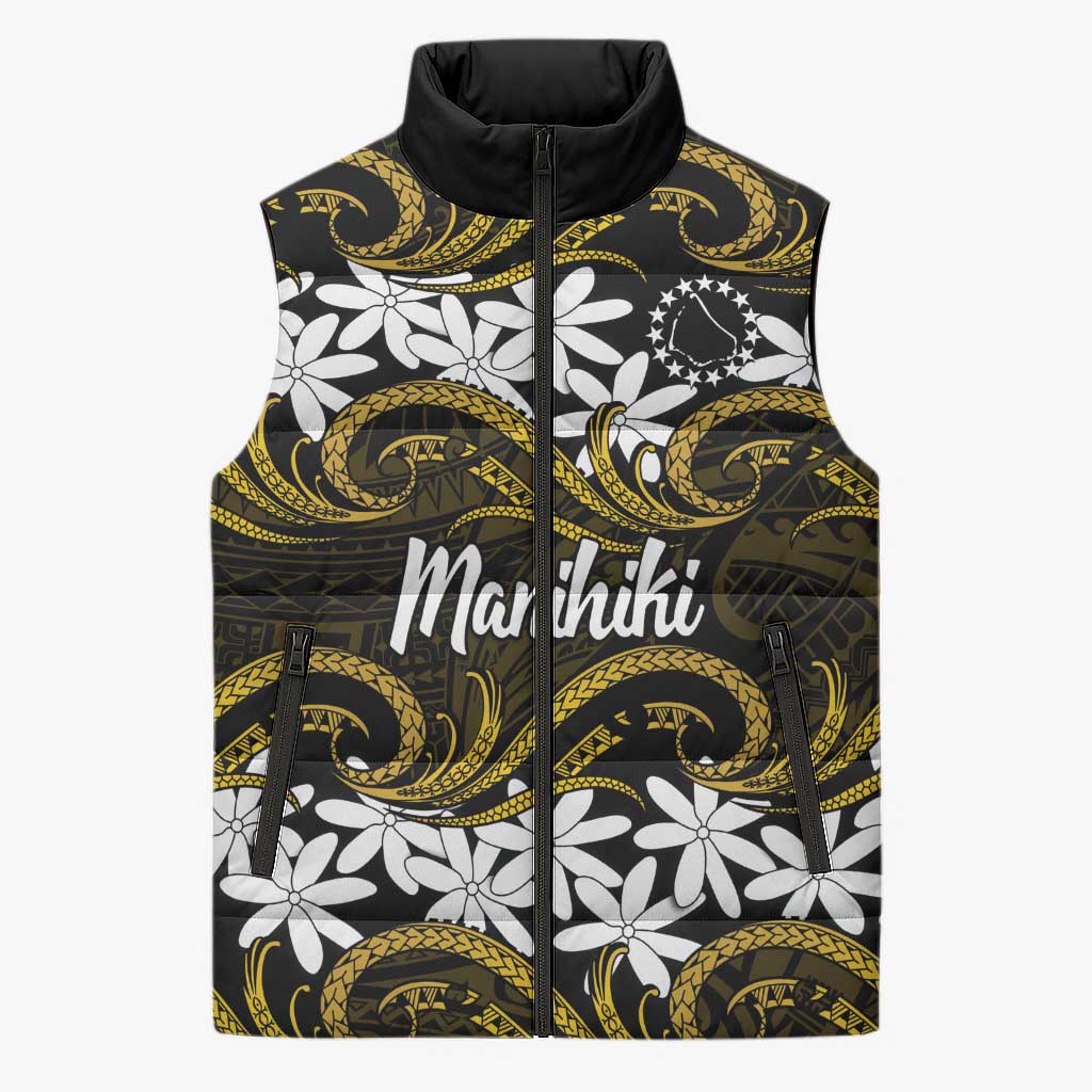 Personalised Cook Islands Manihiki Sleeveless Puffer Jacket Tiare Maori Polynesian Waves Tattoo LT14 Unisex Gold - Polynesian Pride