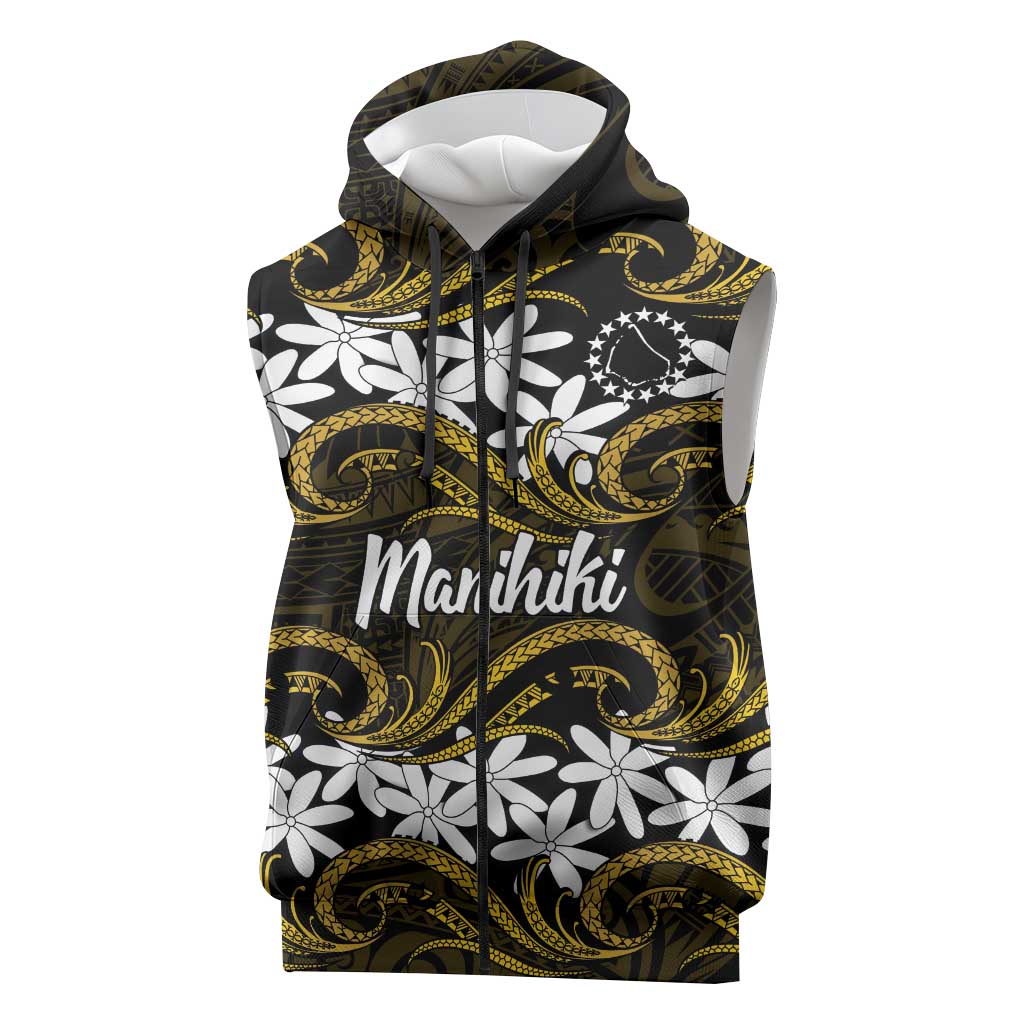 Personalised Cook Islands Manihiki Sleeveless Zip Hoodie Tiare Maori Polynesian Waves Tattoo LT14 Gold - Polynesian Pride