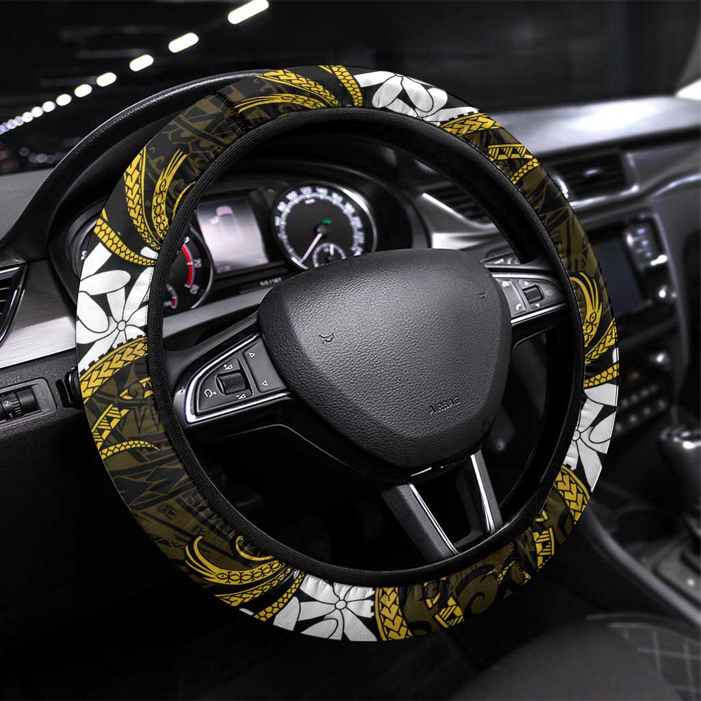 Cook Islands Manihiki Steering Wheel Cover Tiare Maori Polynesian Waves Tattoo LT14 Universal Fit Gold - Polynesian Pride