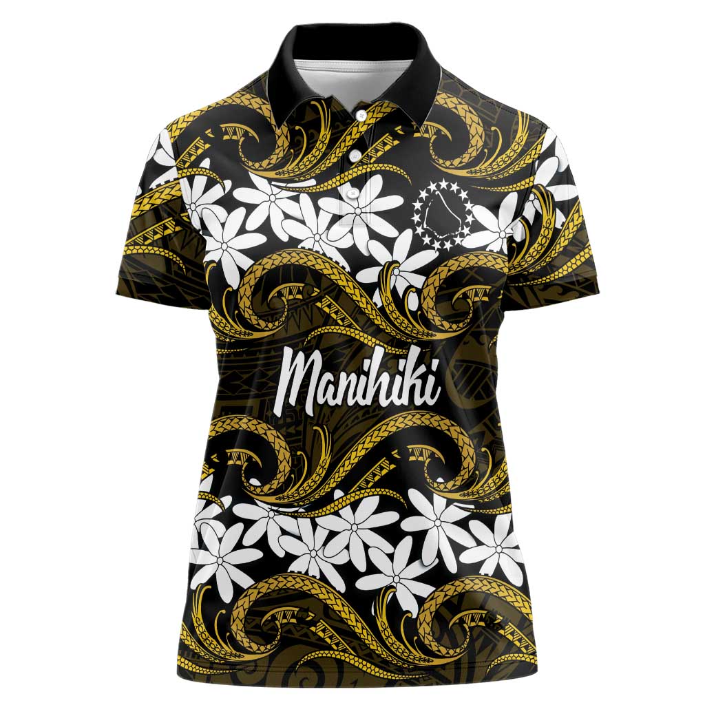 Personalised Cook Islands Manihiki Women Polo Shirt Tiare Maori Polynesian Waves Tattoo LT14 Female Gold - Polynesian Pride