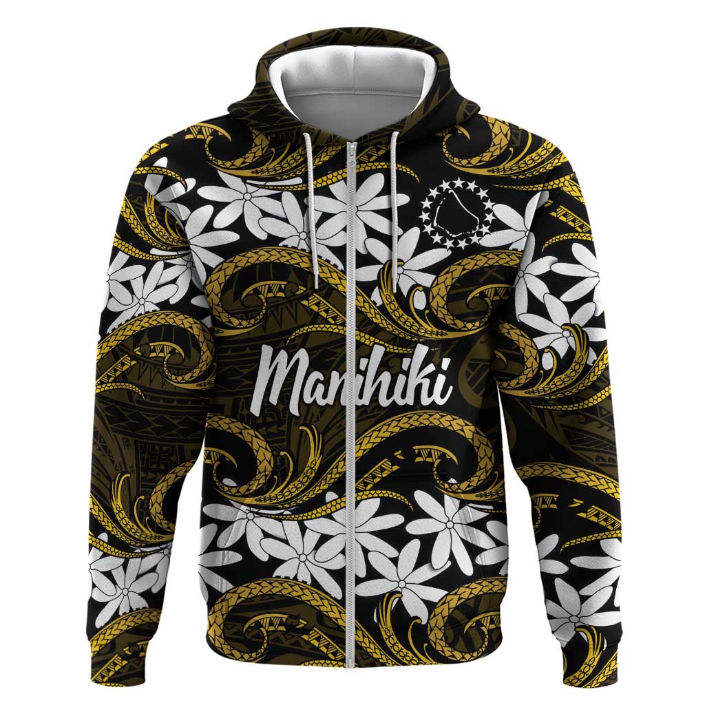 Personalised Cook Islands Manihiki Zip Hoodie Tiare Maori Polynesian Waves Tattoo LT14 Zip Hoodie Gold - Polynesian Pride