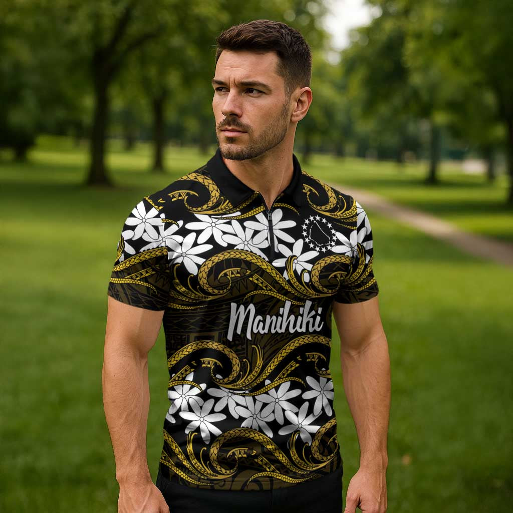 Personalised Cook Islands Manihiki Zipper Polo Shirt Tiare Maori Polynesian Waves Tattoo LT14 - Polynesian Pride