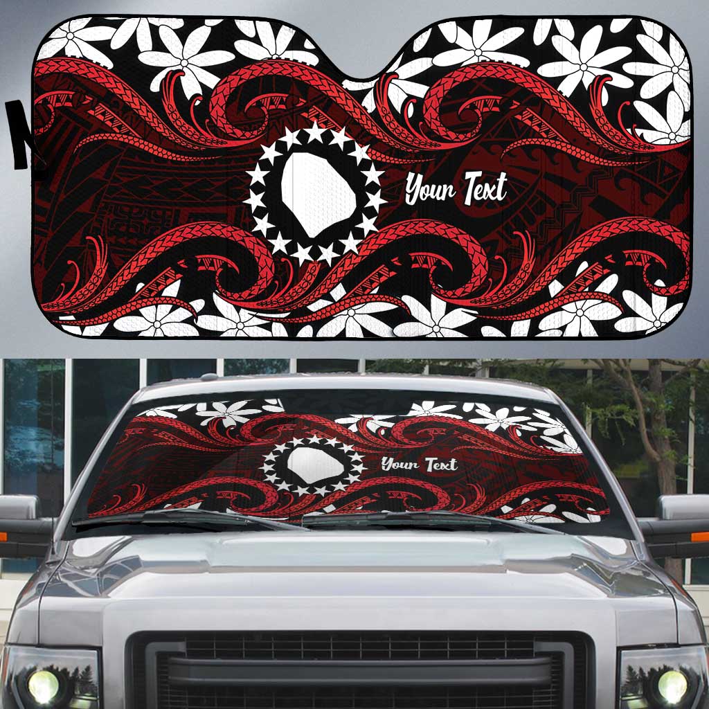 Personalised Cook Islands Atiu Enuamanu Auto Sun Shade Tiare Maori Polynesian Waves Tattoo LT14 Red - Polynesian Pride