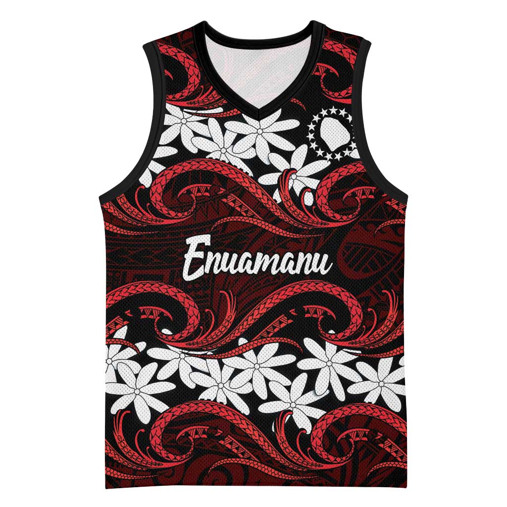 Personalised Cook Islands Atiu Enuamanu Basketball Jersey Tiare Maori Polynesian Waves Tattoo LT14 Unisex Red - Polynesian Pride