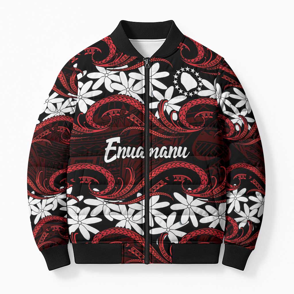Personalised Cook Islands Atiu Enuamanu Bomber Puffer Jacket Tiare Maori Polynesian Waves Tattoo LT14 Unisex Red - Polynesian Pride