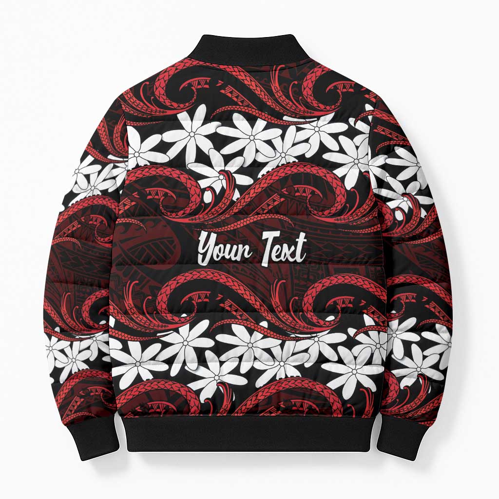 Personalised Cook Islands Atiu Enuamanu Bomber Puffer Jacket Tiare Maori Polynesian Waves Tattoo LT14 - Polynesian Pride