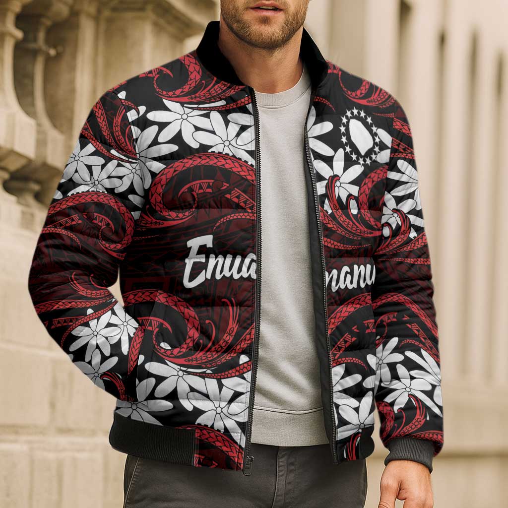 Personalised Cook Islands Atiu Enuamanu Bomber Puffer Jacket Tiare Maori Polynesian Waves Tattoo LT14 - Polynesian Pride