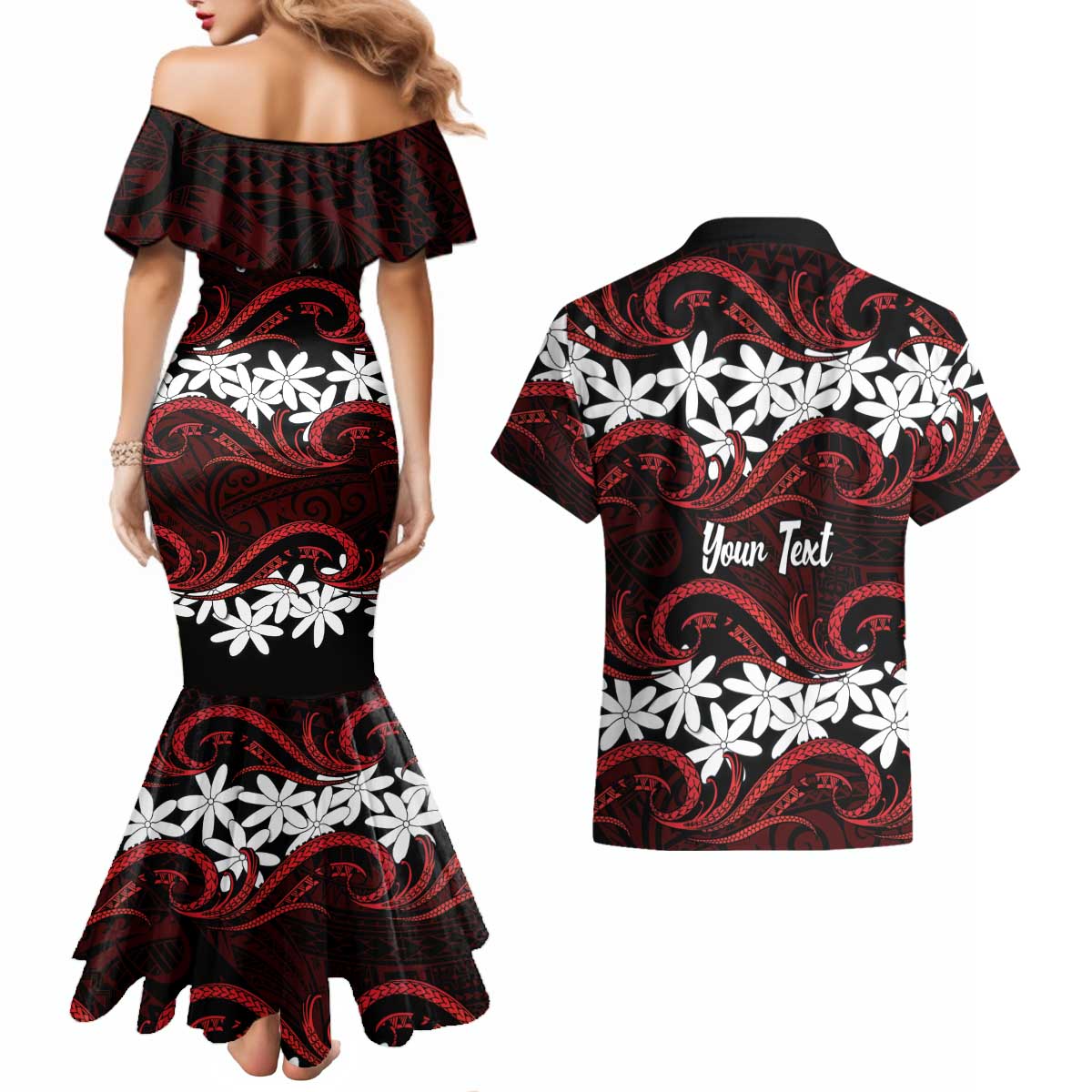 Personalised Cook Islands Atiu Enuamanu Couples Matching Mermaid Dress and Hawaiian Shirt Tiare Maori Polynesian Waves Tattoo