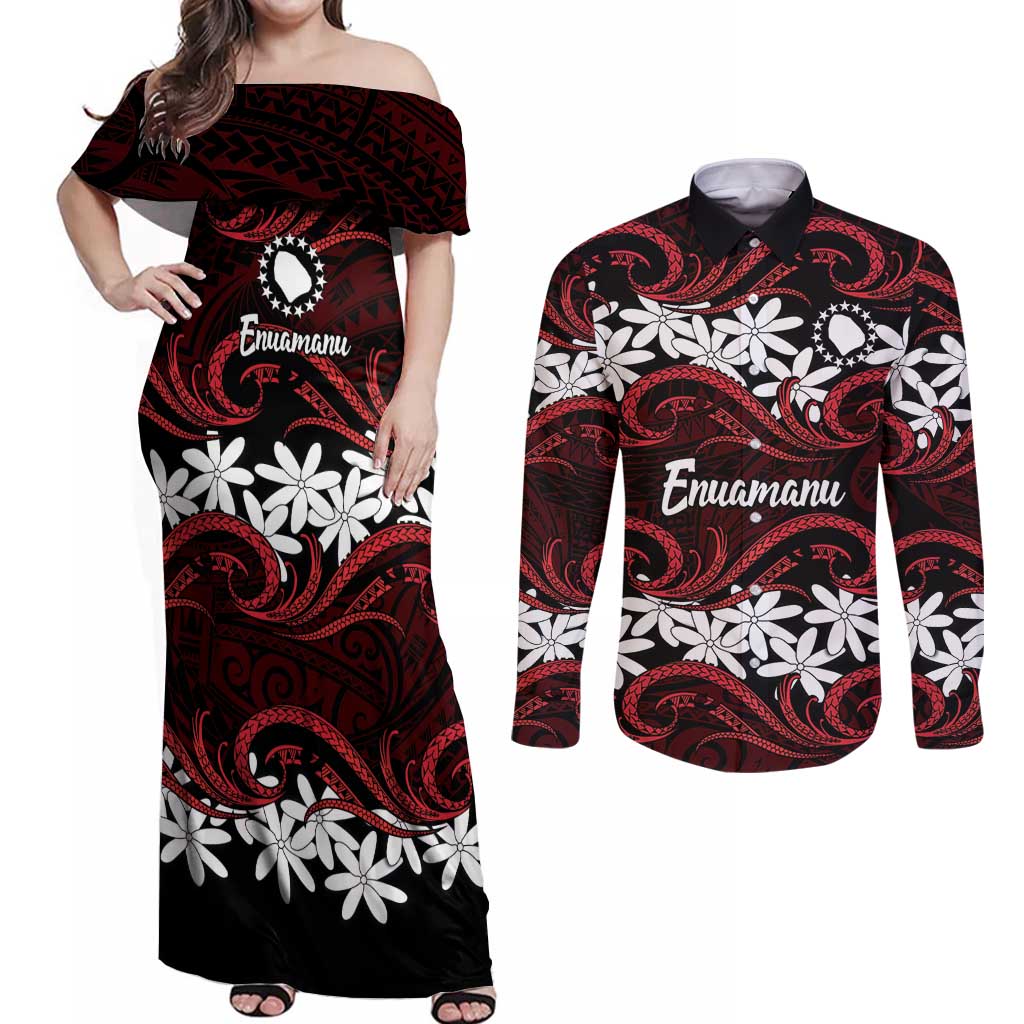 Personalised Cook Islands Atiu Enuamanu Couples Matching Off Shoulder Maxi Dress and Long Sleeve Button Shirt Tiare Maori Polynesian Waves Tattoo LT14 Red - Polynesian Pride