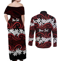 Personalised Cook Islands Atiu Enuamanu Couples Matching Off Shoulder Maxi Dress and Long Sleeve Button Shirt Tiare Maori Polynesian Waves Tattoo