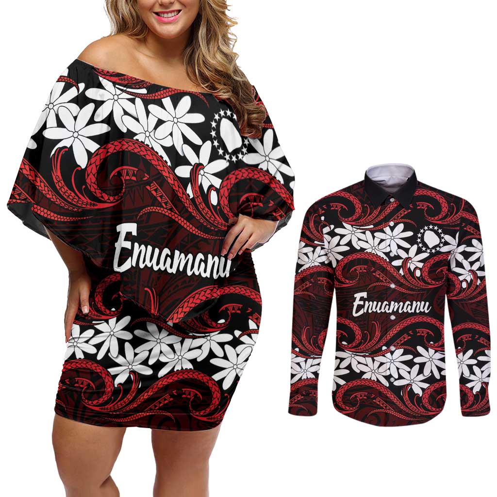 Personalised Cook Islands Atiu Enuamanu Couples Matching Off Shoulder Short Dress and Long Sleeve Button Shirt Tiare Maori Polynesian Waves Tattoo LT14 Red - Polynesian Pride