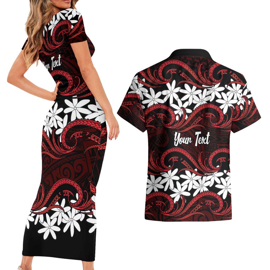 Personalised Cook Islands Atiu Enuamanu Couples Matching Short Sleeve Bodycon Dress and Hawaiian Shirt Tiare Maori Polynesian Waves Tattoo