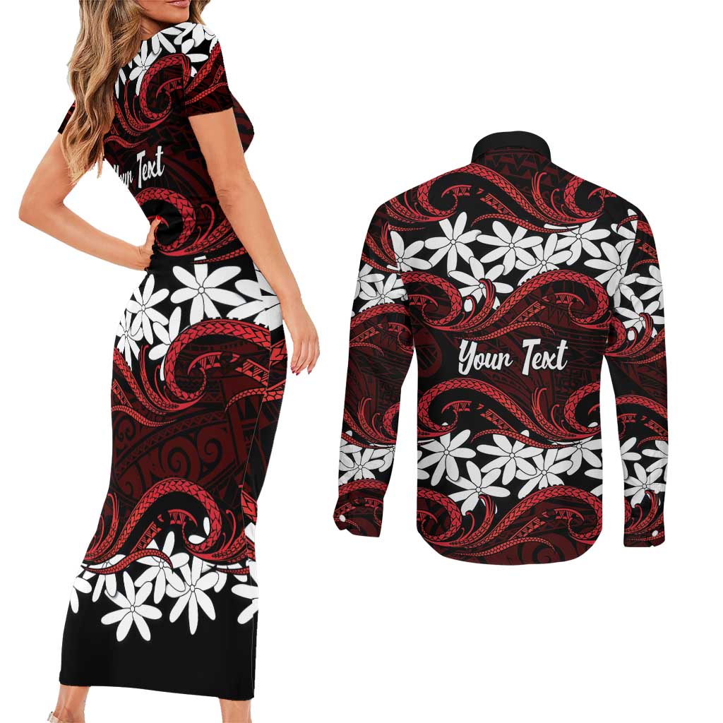 Personalised Cook Islands Atiu Enuamanu Couples Matching Short Sleeve Bodycon Dress and Long Sleeve Button Shirt Tiare Maori Polynesian Waves Tattoo
