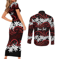 Personalised Cook Islands Atiu Enuamanu Couples Matching Short Sleeve Bodycon Dress and Long Sleeve Button Shirt Tiare Maori Polynesian Waves Tattoo