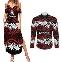 Personalised Cook Islands Atiu Enuamanu Couples Matching Summer Maxi Dress and Long Sleeve Button Shirt Tiare Maori Polynesian Waves Tattoo
