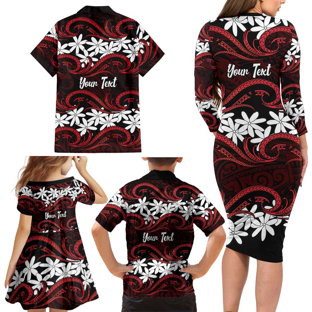 Personalised Cook Islands Atiu Enuamanu Family Matching Long Sleeve Bodycon Dress and Hawaiian Shirt Tiare Maori Polynesian Waves Tattoo