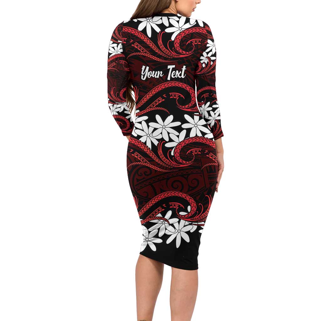 Personalised Cook Islands Atiu Enuamanu Family Matching Long Sleeve Bodycon Dress and Hawaiian Shirt Tiare Maori Polynesian Waves Tattoo