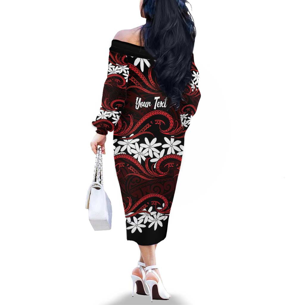 Personalised Cook Islands Atiu Enuamanu Family Matching Off The Shoulder Long Sleeve Dress and Hawaiian Shirt Tiare Maori Polynesian Waves Tattoo
