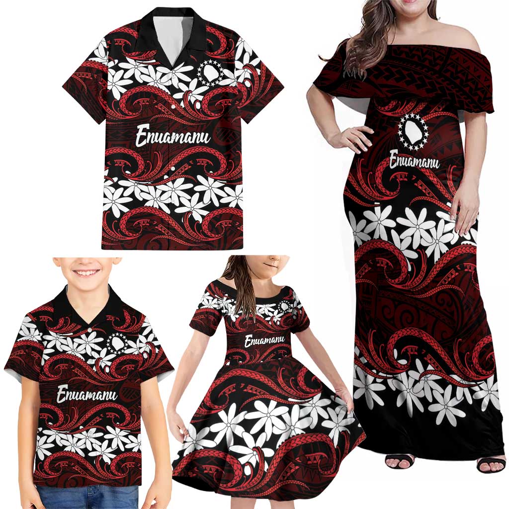 Personalised Cook Islands Atiu Enuamanu Family Matching Off Shoulder Maxi Dress and Hawaiian Shirt Tiare Maori Polynesian Waves Tattoo LT14 - Polynesian Pride