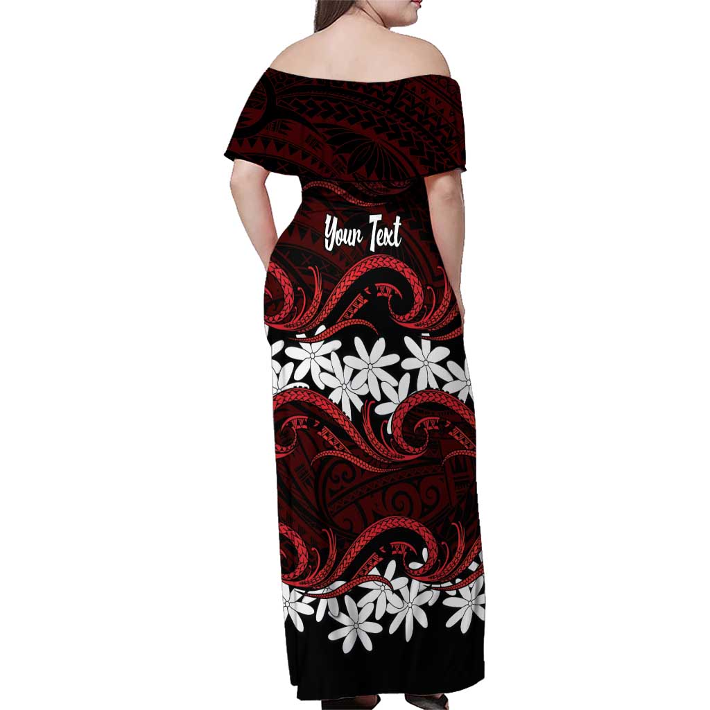Personalised Cook Islands Atiu Enuamanu Family Matching Off Shoulder Maxi Dress and Hawaiian Shirt Tiare Maori Polynesian Waves Tattoo