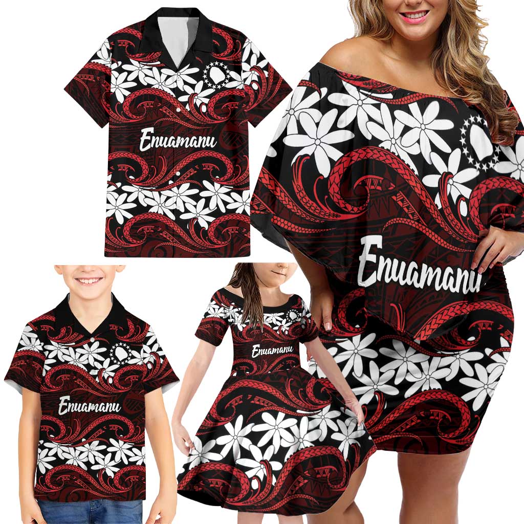 Personalised Cook Islands Atiu Enuamanu Family Matching Off Shoulder Short Dress and Hawaiian Shirt Tiare Maori Polynesian Waves Tattoo