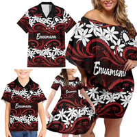 Personalised Cook Islands Atiu Enuamanu Family Matching Off Shoulder Short Dress and Hawaiian Shirt Tiare Maori Polynesian Waves Tattoo