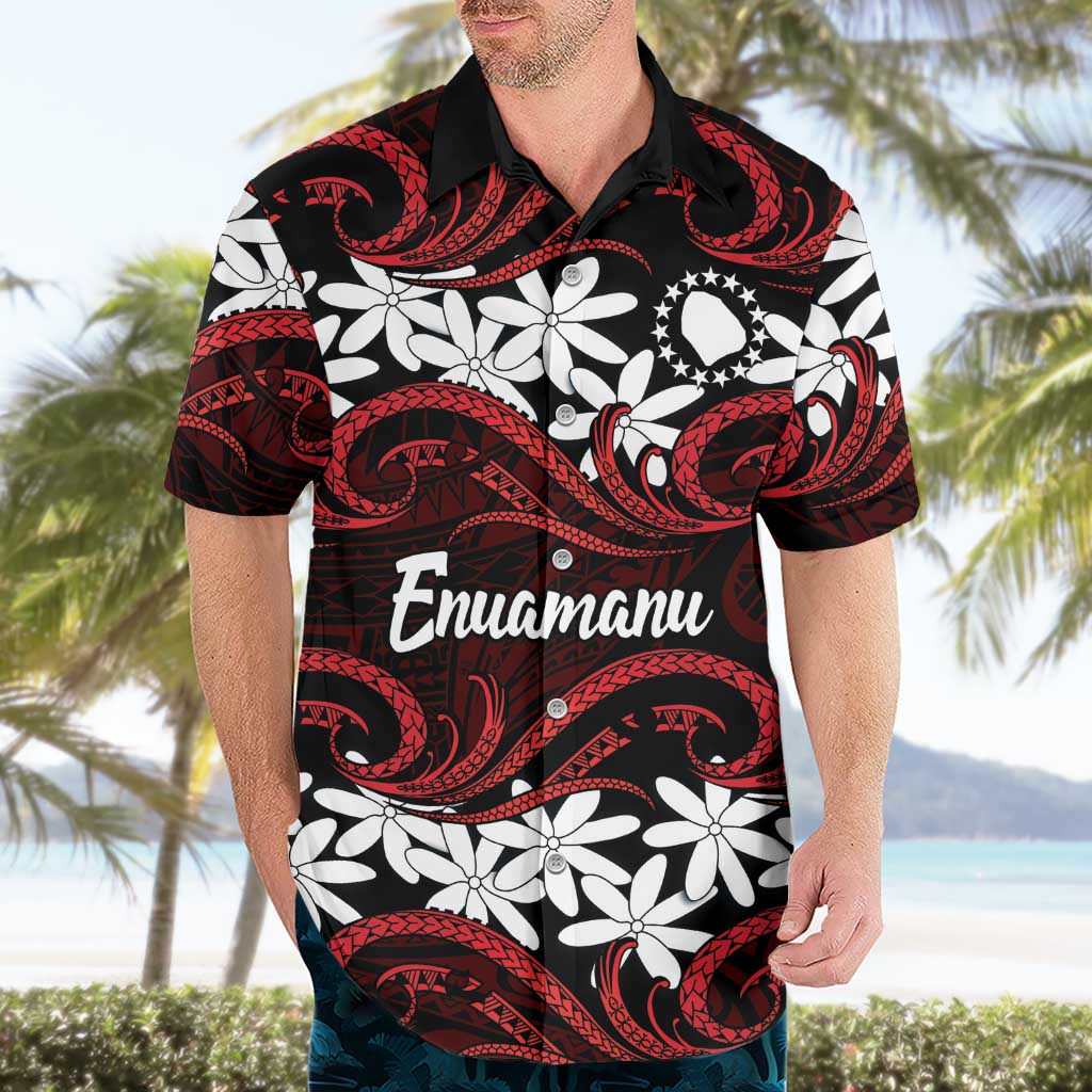 Personalised Cook Islands Atiu Enuamanu Hawaiian Shirt Tiare Maori Polynesian Waves Tattoo