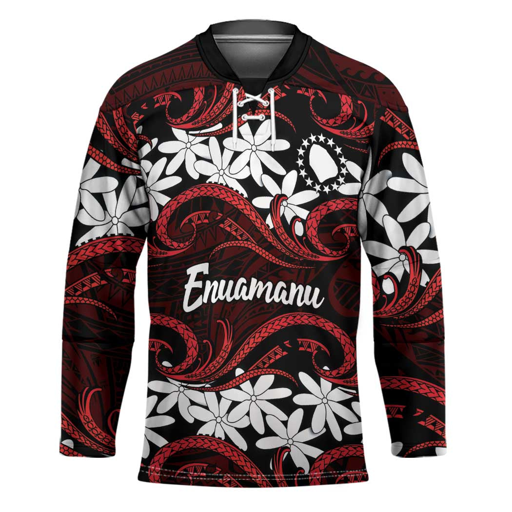 Personalised Cook Islands Atiu Enuamanu Hockey Jersey Tiare Maori Polynesian Waves Tattoo LT14 Unisex Red - Polynesian Pride