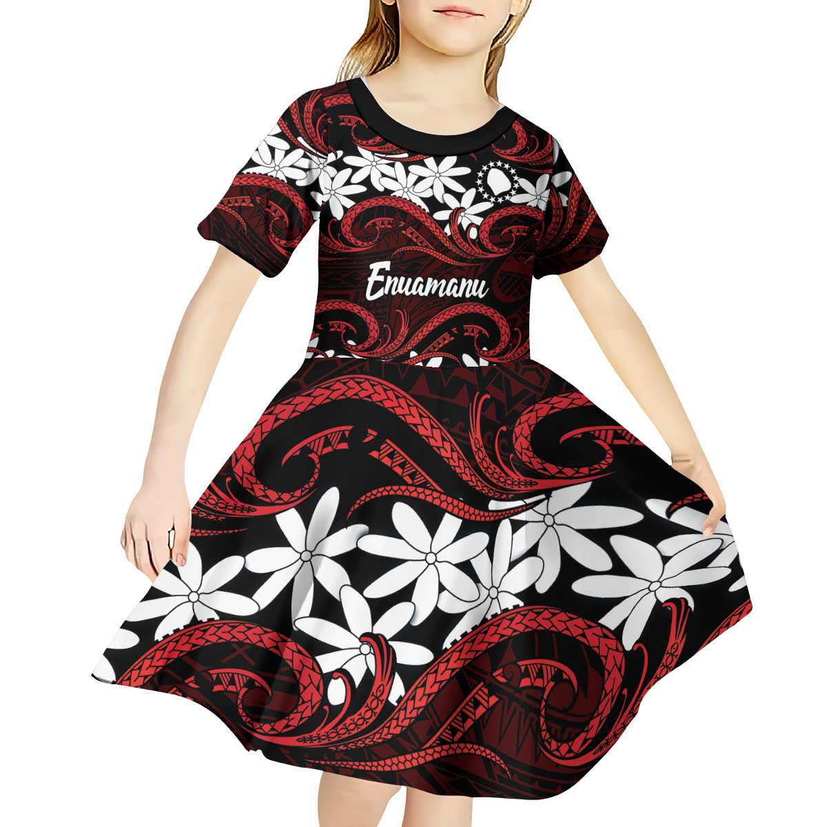 Personalised Cook Islands Atiu Enuamanu Kid Short Sleeve Dress Tiare Maori Polynesian Waves Tattoo